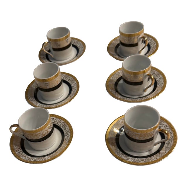 Late 20th Century MCS Bavaria “Tiger Yedi” Porcelain Demitasse Espresso Cup & Saucer Set of 6 – Gold, Black & White For Sale
