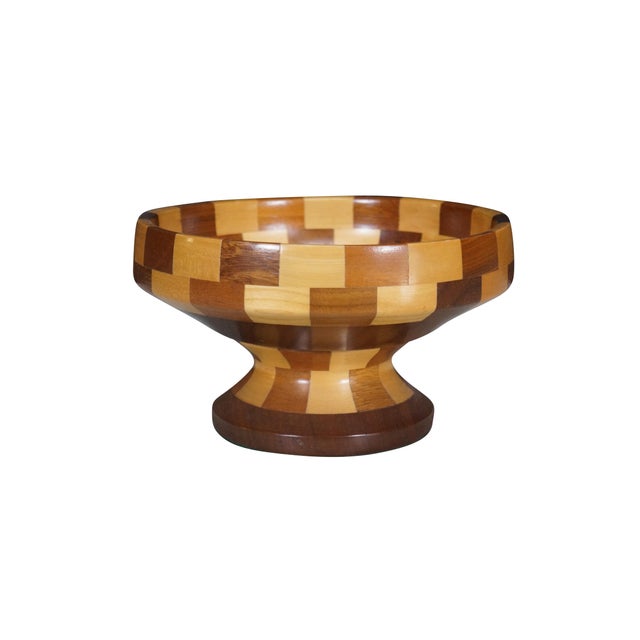 Mid-Century Modern Vintage Segmented Turned Wood Parquetry Fruit Centerpiece Pedestal Bowl 9" For Sale - Image 3 of 10