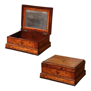 19th Century French Burl Elm Inlaid Jewelry Box With Drawer & Inside Mirror