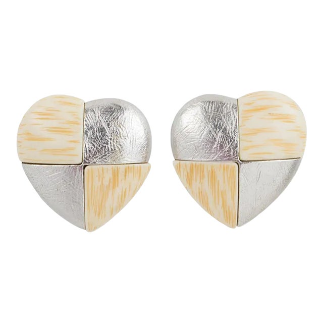 Yves Saint Laurent Paris Pair of Clip Earrings Silver and Resin Heart For Sale