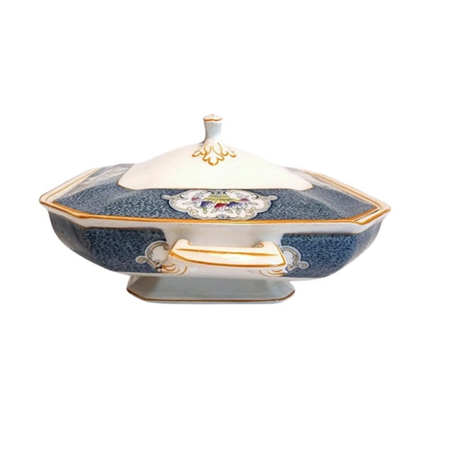 Meakin & Co. Antique J & G Meakin Newark Soup Tureen & Bowl Set – Blue Floral & Gold Trim- 7 Pieces For Sale - Image 4 of 9