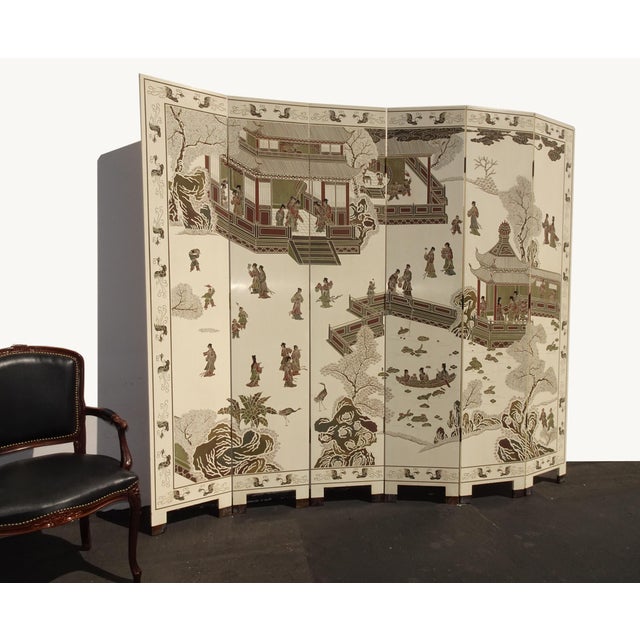 Six Panel Screen Coromandel Chinese Asian White Lacquer Room Divider