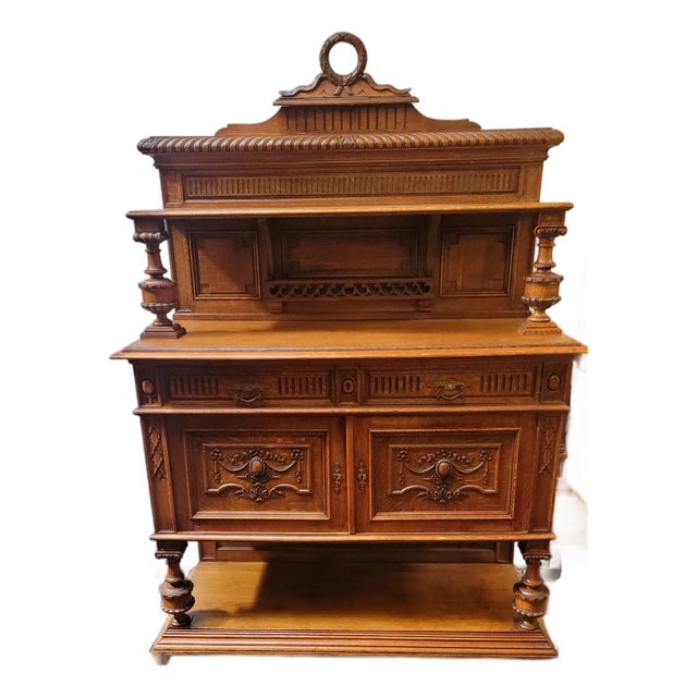 Antique 1880s French Henri II Style Sideboard Server Oak For Sale