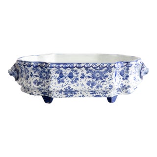 19th Century French Faience Creil Et Montereau Blue & White Floral Ironstone Jardiniere Cachepot Centerpiece For Sale