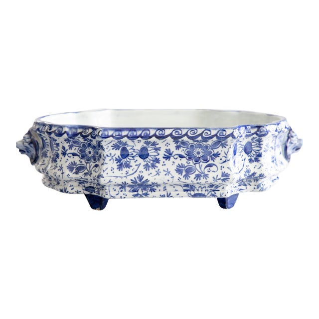 19th Century French Faience Creil Et Montereau Blue & White Floral Ironstone Jardiniere Cachepot Centerpiece For Sale