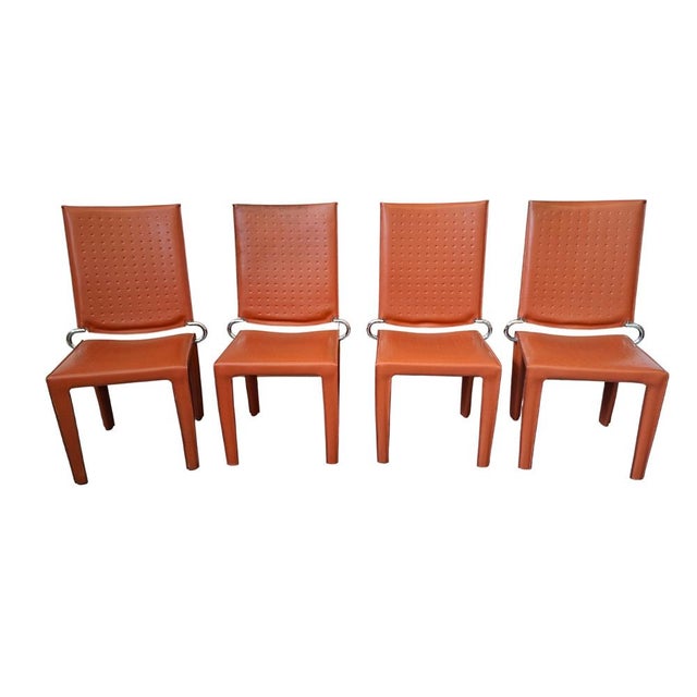 Vintage Chairs in Orange Leather and Iron, 1980, Set of 4 For Sale - Image 10 of 11