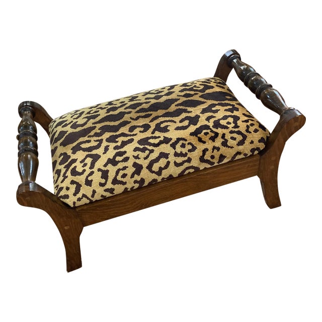 1980s Vintage Oak Footstool Scalamandre Leopardo For Sale