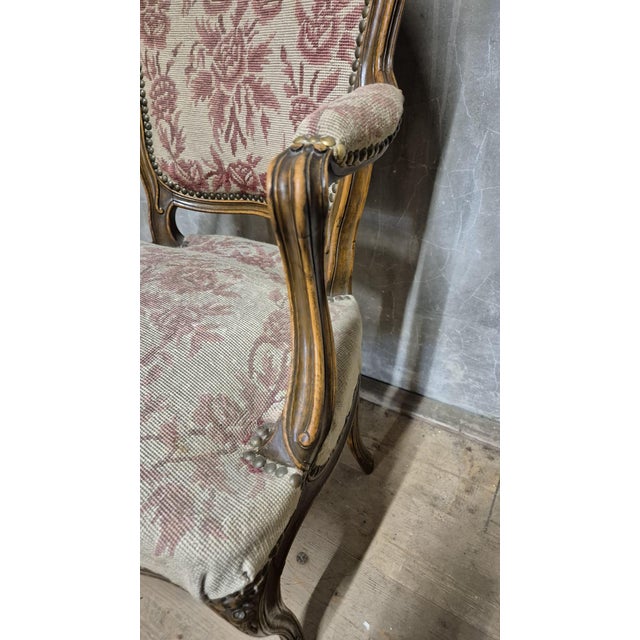 Vintage Louis XV Style Carved Armchair with Floral Upholstery, France, 1740s For Sale - Image 15 of 18