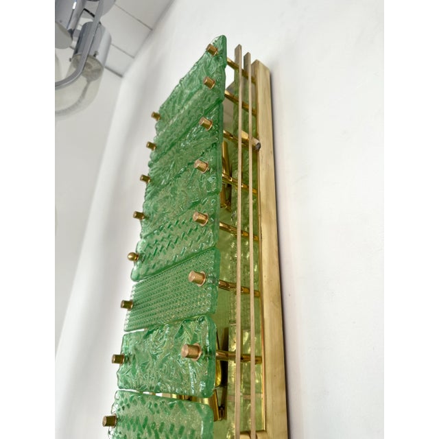Large tall Pair of green with gold leaf Murano glass and brass wall lights lightning pannel lamps sconces. Contemporary...