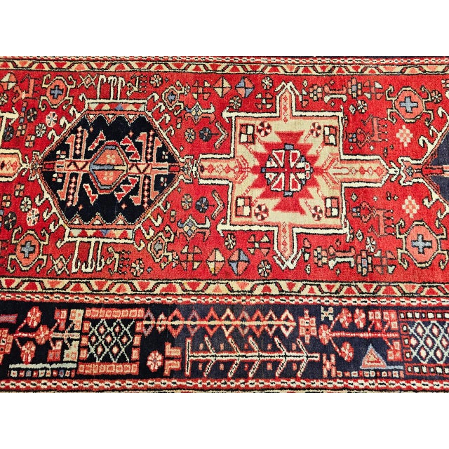 1900 - 1909 Antique Persian Heriz Karajeh Runner, Hand-Knotted Wool, Geometric Medallion Pattern, Red & Navy, 4x14 For Sale - Image 5 of 18