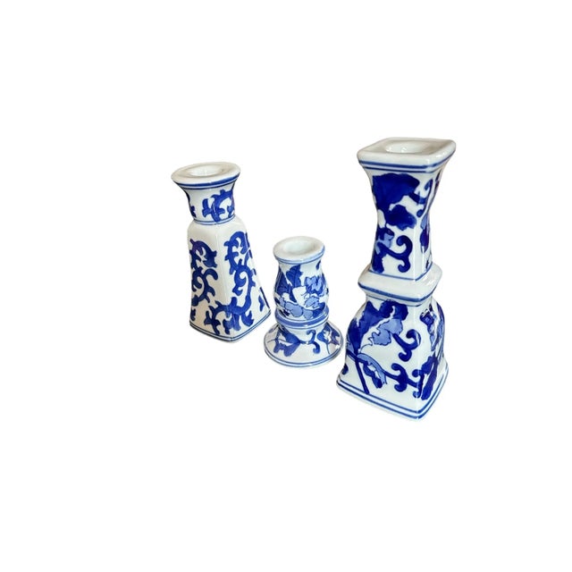 Vintage Silvestri Blue and White Ceramic Candlestick Holders- Set of 3 For Sale - Image 4 of 11