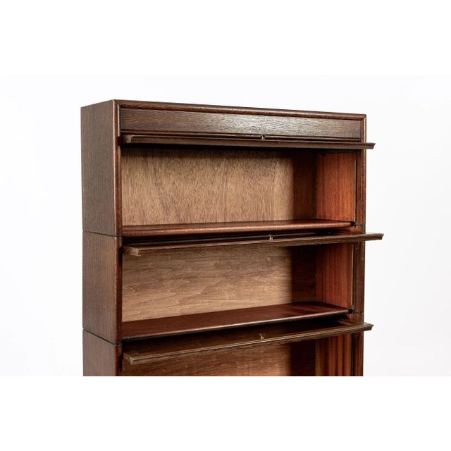 Early 20th Century Antique English Tall Stepback Oak Wood Barrister Bookcase Cabinet For Sale - Image 5 of 11