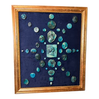 Large Unusual Classical Themed Turquoise Glazed Intaglio Collection in Gilt Frame For Sale