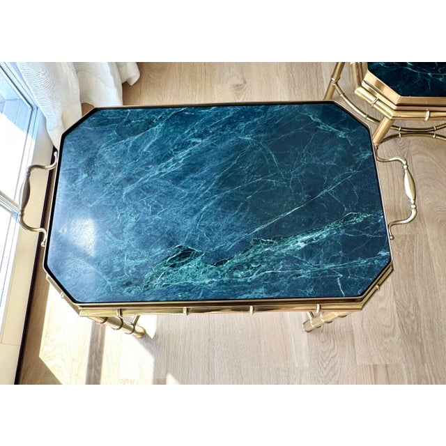 Vintage Pair of Italian Hollywood Regency Faux Bamboo Brass & Verde Marble Butler’s Tray Tables For Sale In Chicago - Image 6 of 10