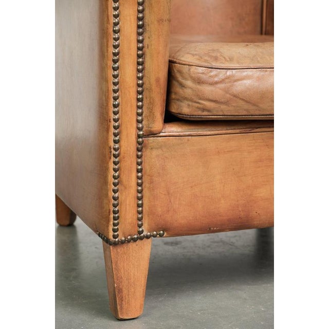 Sheepskin Club Armchair in Light Cognac with Decorative Nails For Sale - Image 11 of 13