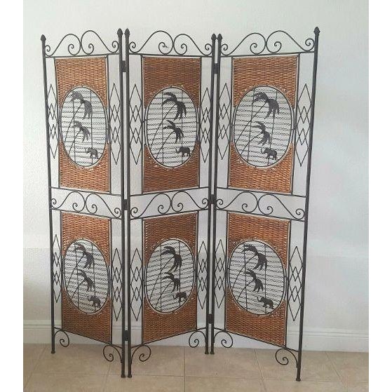 Vintage Oriental Style 3 Panel Room Divider Wrought Iron Frame For Sale - Image 4 of 8