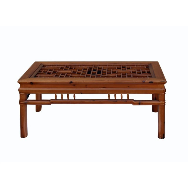 Chinese Rectangular Glass Top Coffee Table With Chinese Old Windows Panel Design For Sale - Image 3 of 9
