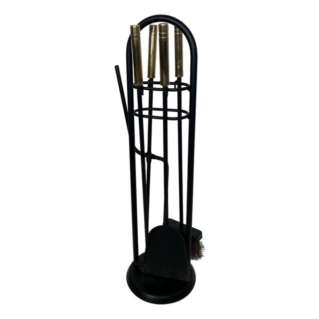 Circa 1970s Fireplace Tools on Stand in Black Lacquered Metal and Brass Design/one For Sale