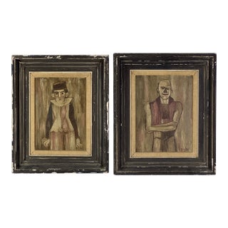 Exquisite & Unusual Pair of 1940s Circus Performers Portrait Paintings, Framed Original Oil on Board For Sale