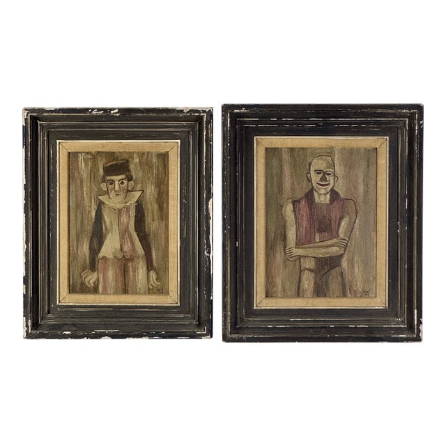 Exquisite & Unusual Pair of 1940s Circus Performers Portrait Paintings, Framed Original Oil on Board For Sale