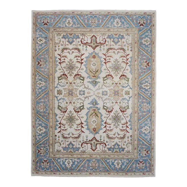 Afghan Sultanabad Master Wool 9 x 12 Ivory, Light Blue, Beige & Red Handmade Area Rug #1143287 For Sale