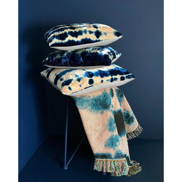 Rousseau Hand Dyed Silk Velvet Pillow, Rose Pink & Indigo Blue Pleat Abstract Pattern For Sale In New York - Image 6 of 11