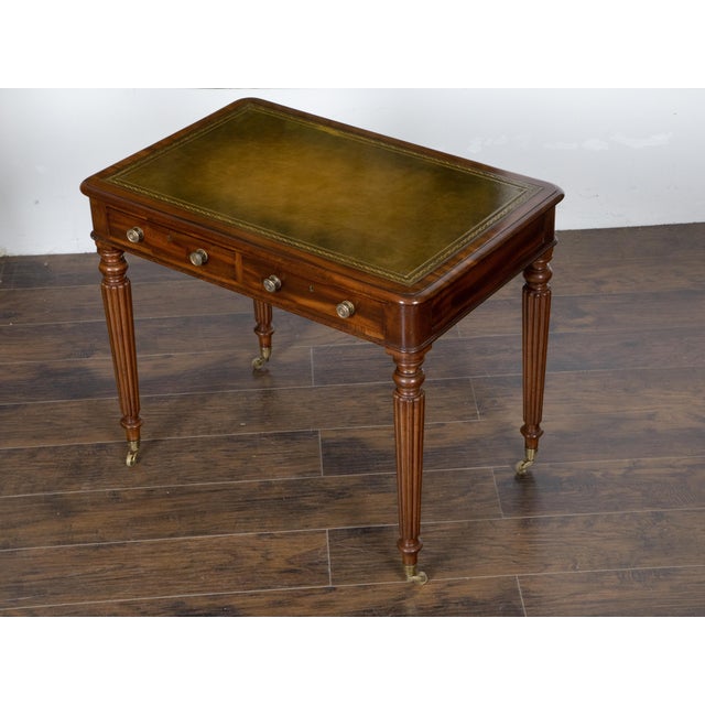 English 19th Century Mahogany Desk with Green Leather Top and Reeded Legs For Sale - Image 11 of 12