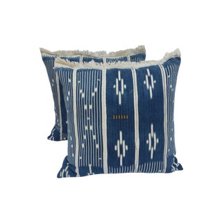 Indigo Ikat Fringe African Pillows - A Pair For Sale