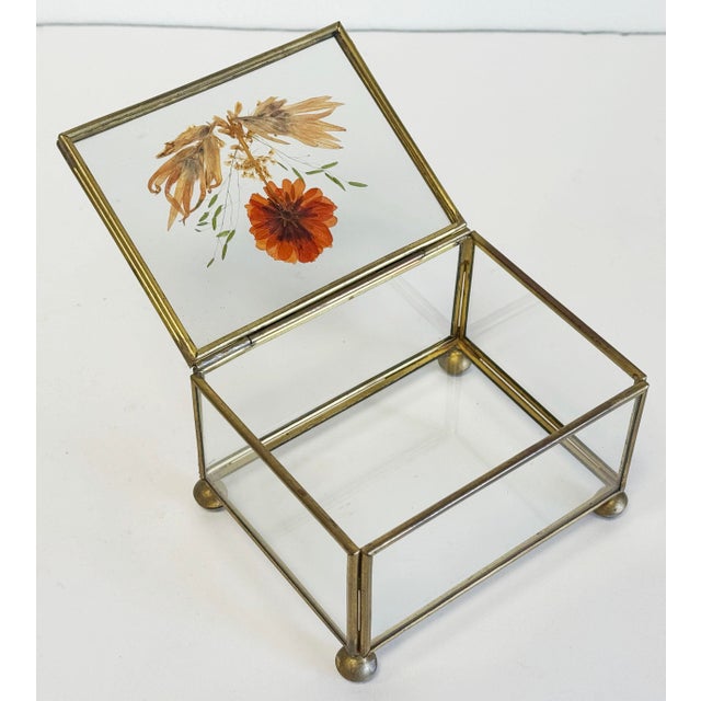 Vintage Pressed Flower Glass and Brass Lidded Display Box For Sale In Kansas City - Image 6 of 7