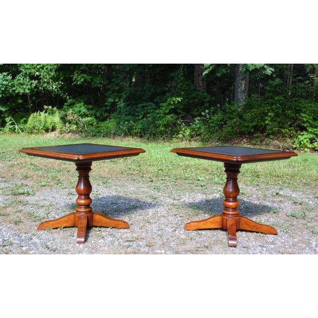 Brown Vintage Pair Statton Oldtowne Solid Cherry Stone Top Pedestal End Tables For Sale - Image 8 of 13