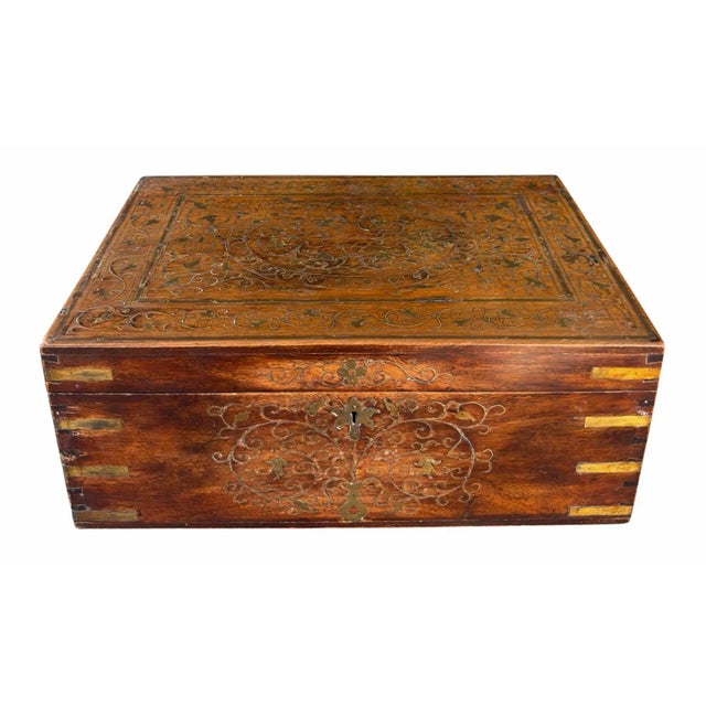 Antique Brass Inlaid Wooden Dressing Vanity Travel Box For Sale In Los Angeles - Image 6 of 6