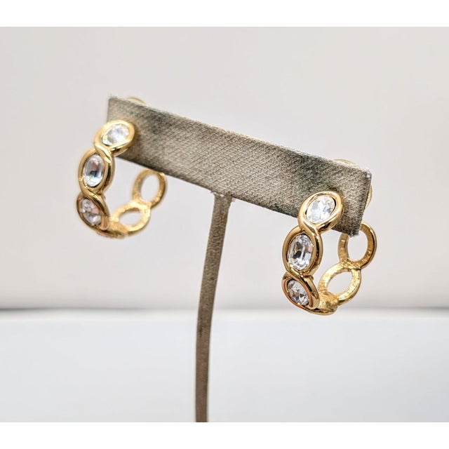 1980s Vintage Signed Napier Goldtone Oval Clear Rhinestone Hoop Pierced Earrings-2 Pieces For Sale - Image 5 of 6