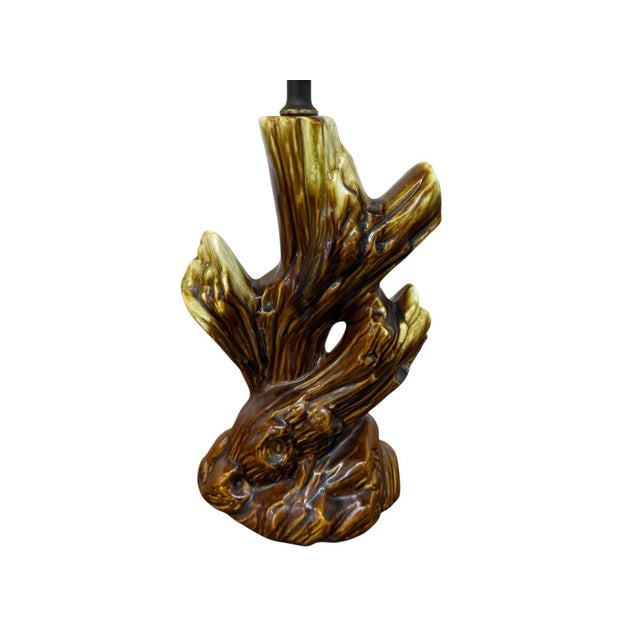Vintage MCM Ceramic Driftwood Yellow Brown Drip Glaze Tree Branch Table Lamp For Sale - Image 4 of 7