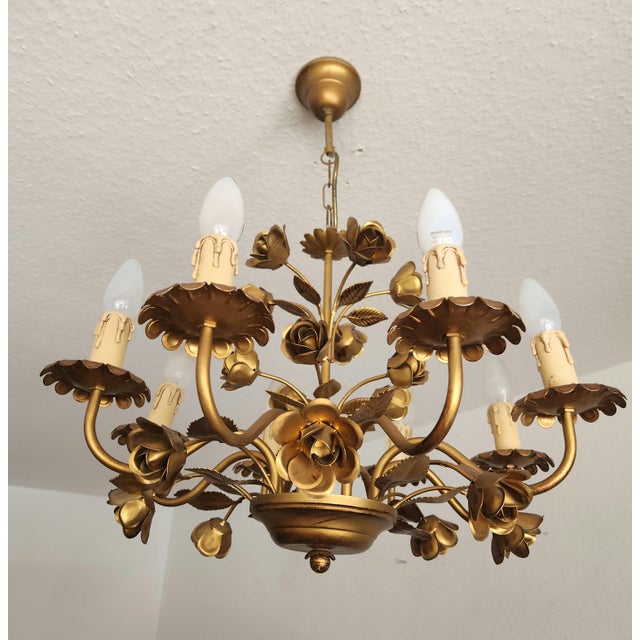 1980s Hollywood Regency Eight-Light Floral Chandelier in Hand-Forged Dark Gilt Metal, Germany, 1960s For Sale - Image 5 of 18