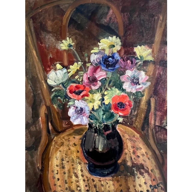 Charles Beer, Bouquet of Flowers in Vase on an Armchair, 1920s, Oil on Canvas For Sale - Image 10 of 10