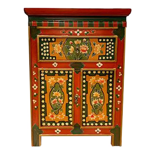 Asian Style Tibetan Hand Painted Motif Nightstand For Sale