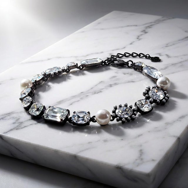 Metal Oscar De La Renta Hematite Plated Crystal Pearl Multi-Stone Statement Necklace For Sale - Image 7 of 14