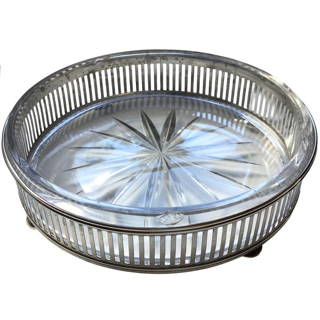 Vintage Sterling Silver Footed Reticulated Bottle Coaster Pressed Glass Insert With Starburst Pattern For Sale - Image 4 of 6