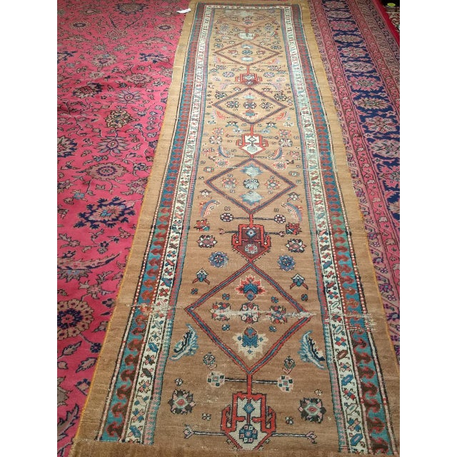 Antique Serab Camel Hair Runner Rug, Hand-Knotted Wool, Geometric Pattern, Red & Green, 4x14 For Sale - Image 9 of 10