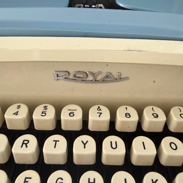 1950s Royal Aristocrat Blue and Cream Portable Typewriter With Case For Sale - Image 4 of 10