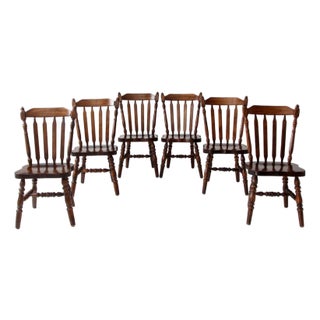 Vintage Colonial Spindle Back Wood Dining Chairs Set of 6 For Sale