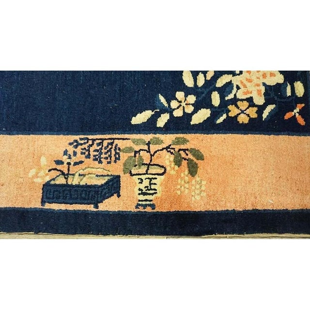 1920s Antique Blue Field Vase Medallion Wool Knotted Peking Runner Small Rug For Sale - Image 10 of 11