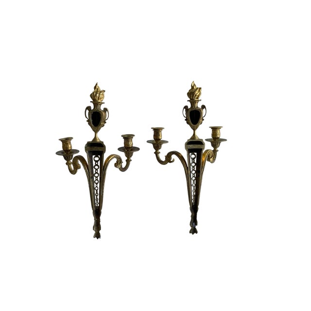Pair of Antique French Louis XVI Neoclassical Gilt Bronze Ormolu 2 Candelabra Wall Sconces C1860 For Sale - Image 4 of 8