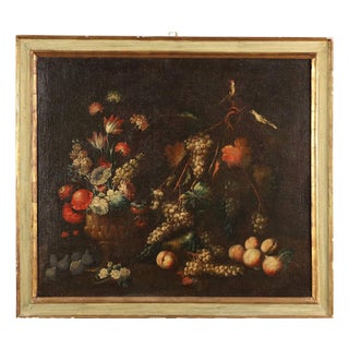Lombard School Artist, Still Life with Flowers, Fruit and Birds, 1700s, Oil on Canvas For Sale