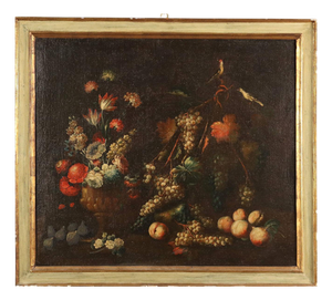 Lombard School Artist, Still Life with Flowers, Fruit and Birds, 1700s, Oil on Canvas