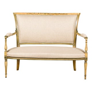 French Directoire Settee with Painted Garlands, Upholstery and Diamond Motifs For Sale