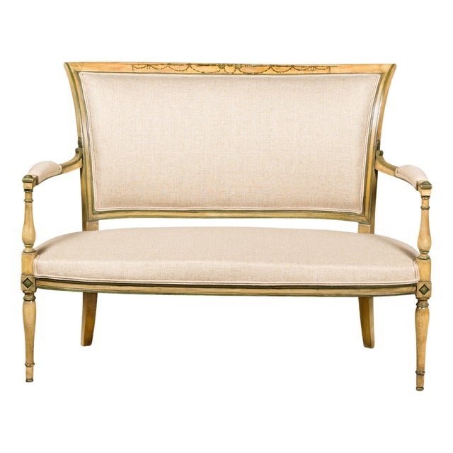 French Directoire Settee with Painted Garlands, Upholstery and Diamond Motifs For Sale