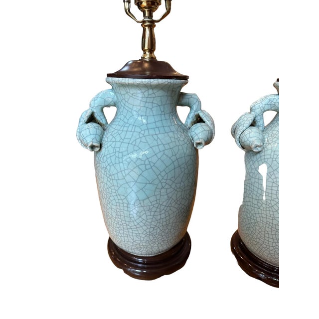 Gorgeous pair of Frederick Cooper Crackle-Glazed Table Lamps in a celadon green.. Great depth of color in a timeless...