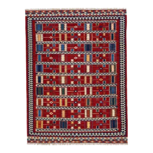1960s Vintage Kilim Handmade Red Geometric Wool Rug