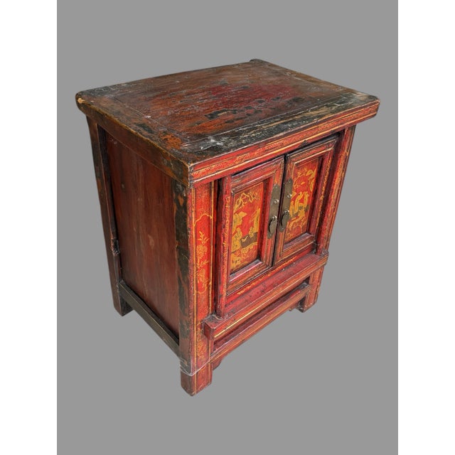 Wood Antique Oriental Paint Decorated Double Door Cabinet For Sale - Image 7 of 9